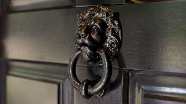 Close up of the Lion head door knocker in black with ring knocker.
