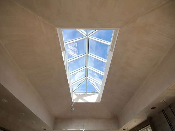 Roof Lantern plastered in, aluminium dual colour white internally with grey externally.