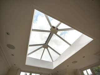 Internal view of ornate aluminium roof lantern to bring light into orangery space.
