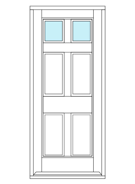 6 Panel Door with 2 smaller glass panels at the top of the door.