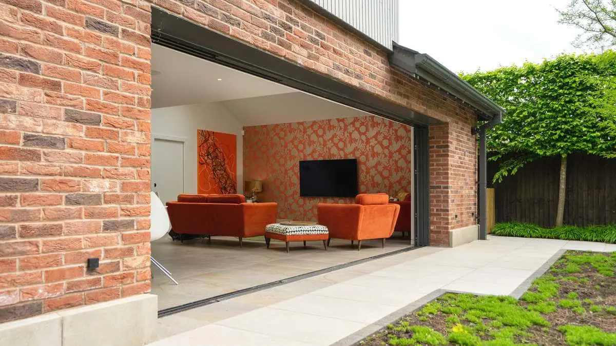 External view of the pocket sliding door fully open.