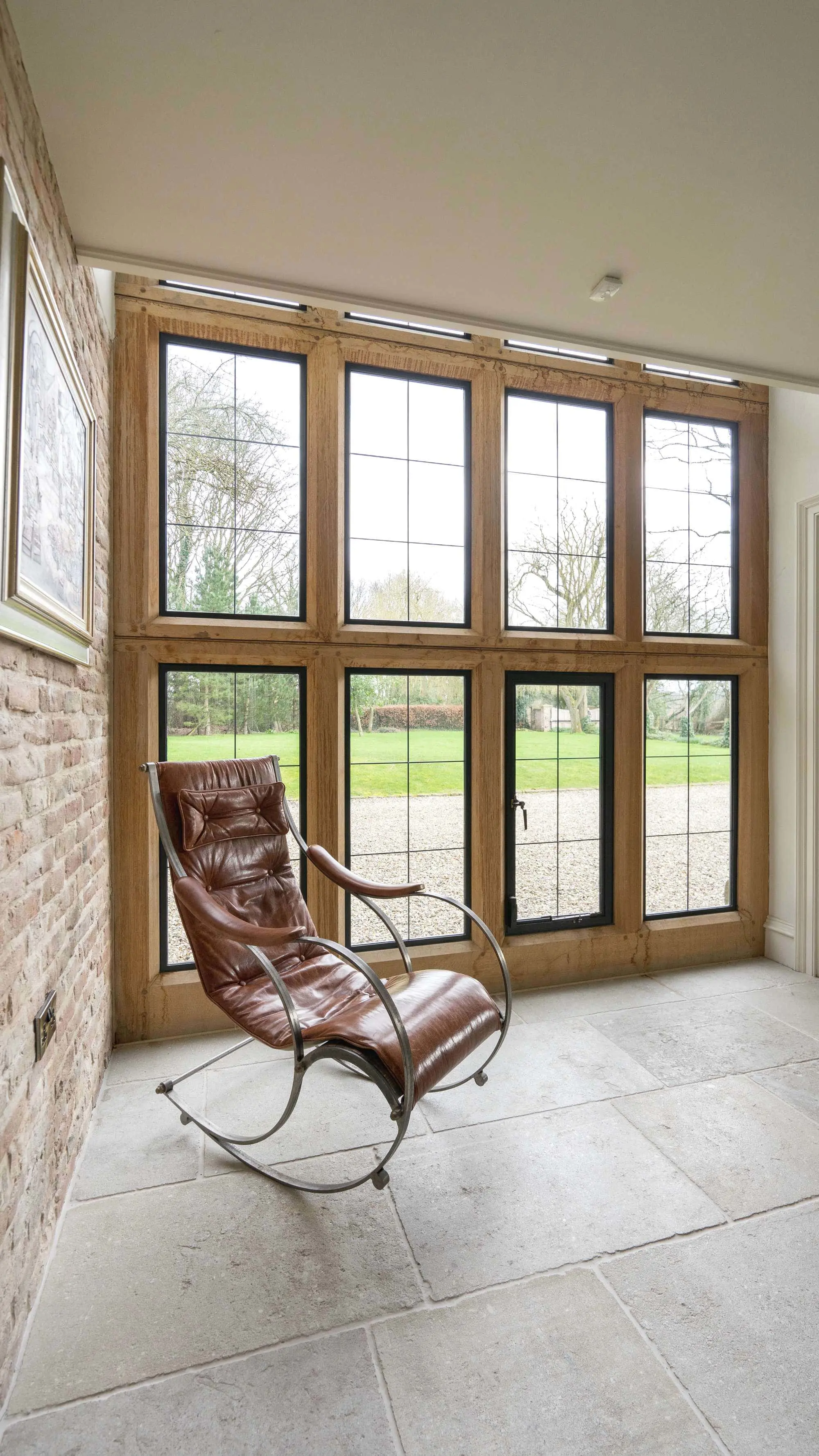 Close up of the internal Oak framed steel Crittall windows.