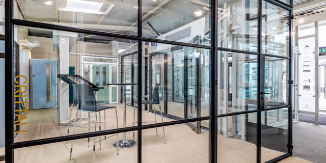 Large Internal Crittall window and door in the showroom facing the customer seating area