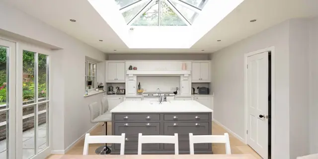 Straight on view of roof lantern internally with white glazing bars.