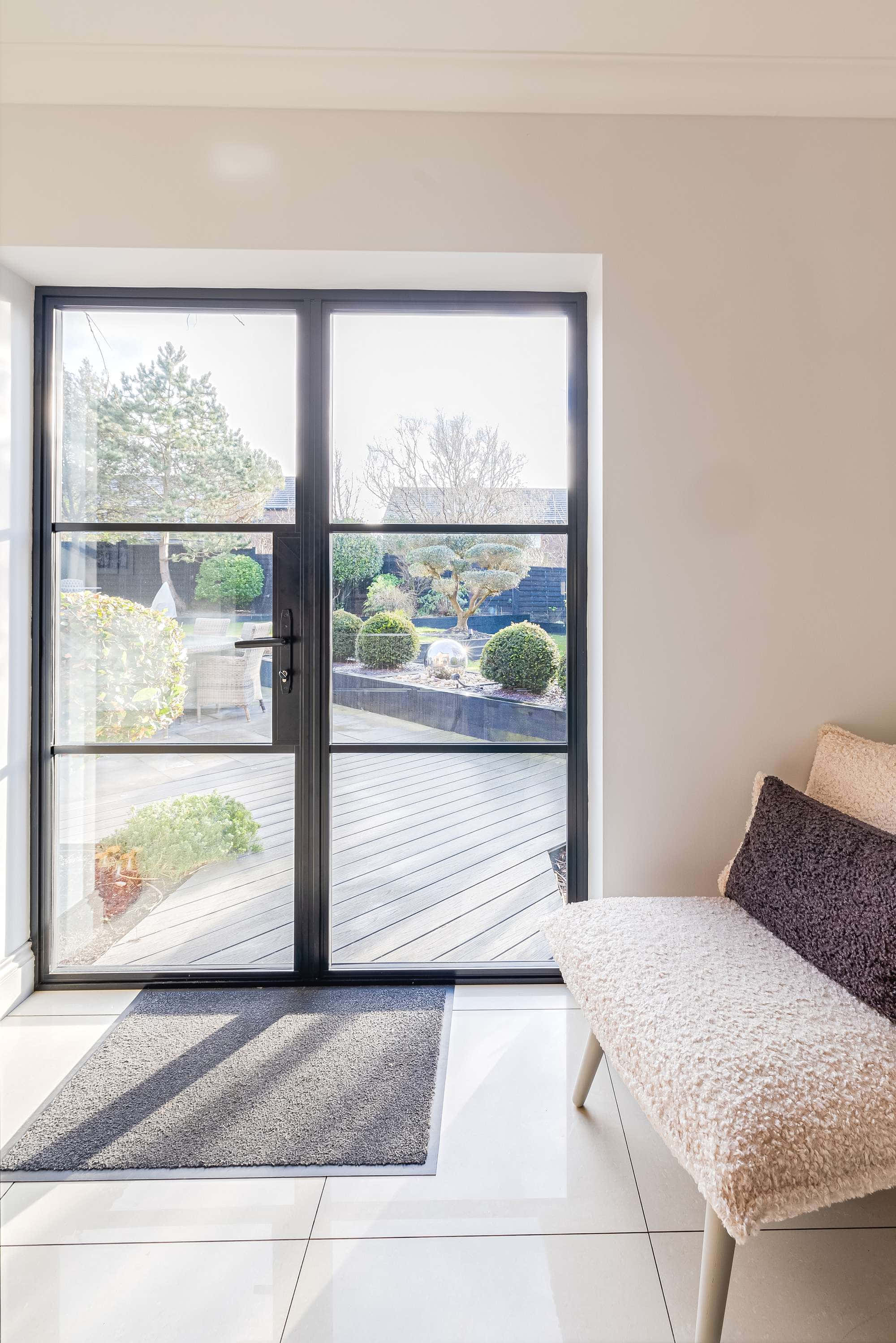 Internal view of aluminium industrial style French doors.