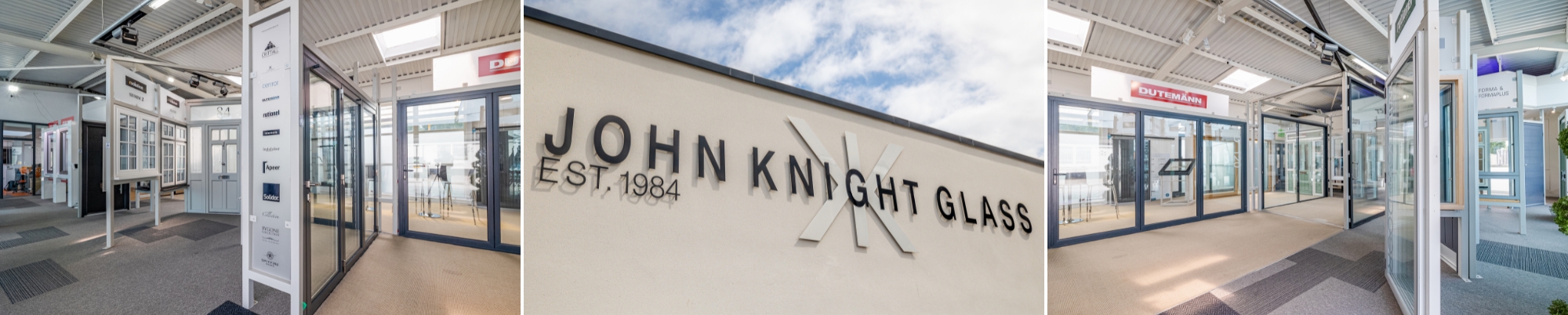 Showroom Banner with John Knight Glass Logo Outside