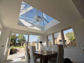 Internal shot of orangery complete with Internorm sliding door and windows. All windows and doors are triple glazed in alu clad timber.