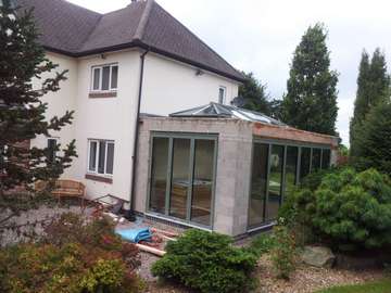 MR B, Macclesfield : New build orangery extension with Centor C1 Bi-fold doors with 44mm triple glazing painted in with a marine finish (RAL 9017)and an ATS lantern roof light with 44mm triple glazing painted with a marine finish (RAL 9017). Building contractor Johnathen Simons.
