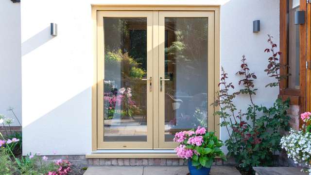 External view of the UPVC Oak french doors.