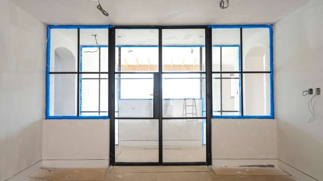 Internal Crittall french doors with sidelights in black.