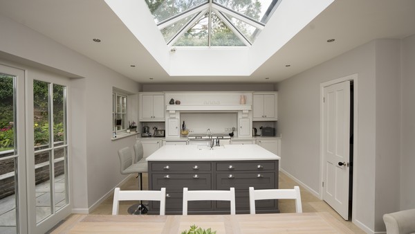 Straight on detail of the kitchen with perfect alignment of the roof lantern.