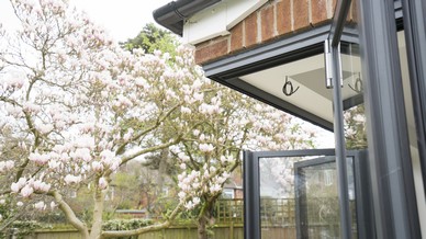 Close up of the bifolding door track on this aluminium corner-less bifolding door supplied and installed in Liverpool.