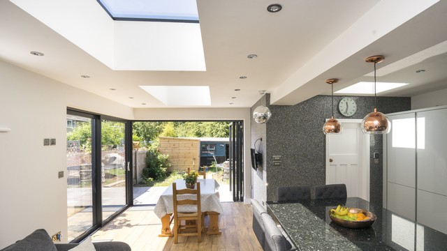 Internal view of the dual roof lights and aluminium doors.